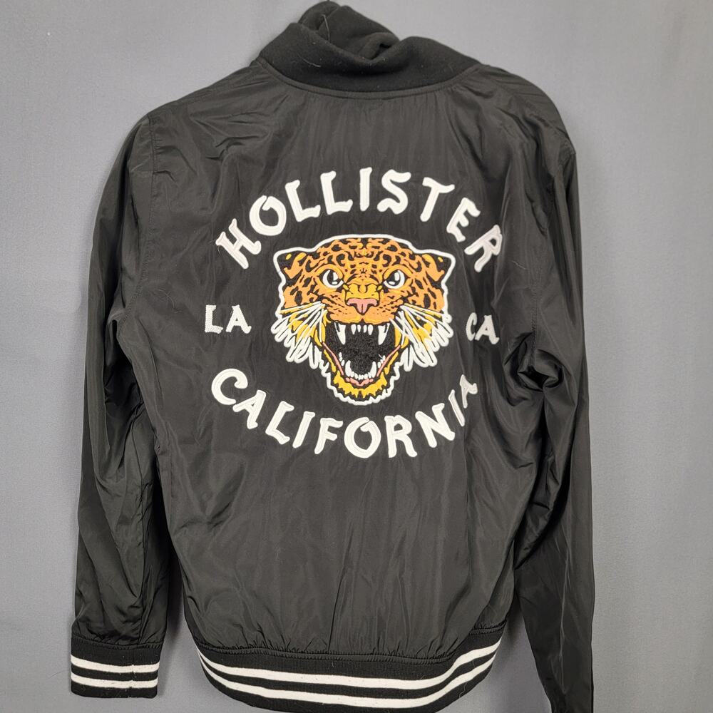 Hollister Tiger Embroidered Hooded Bomber Jacket Varsity Black